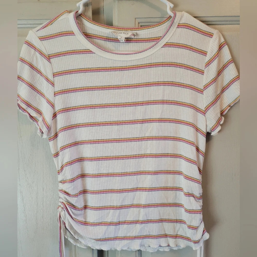 Pink Rose Ribbed Striped Crop Tee